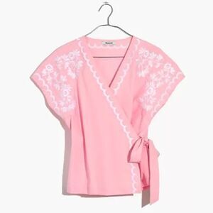 Madewell Pink Wrap Blouse with White Embroidery